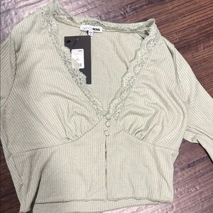 Fashion Nova Light Sage Ribbed Lace Trim Long Sleeve Crop Top